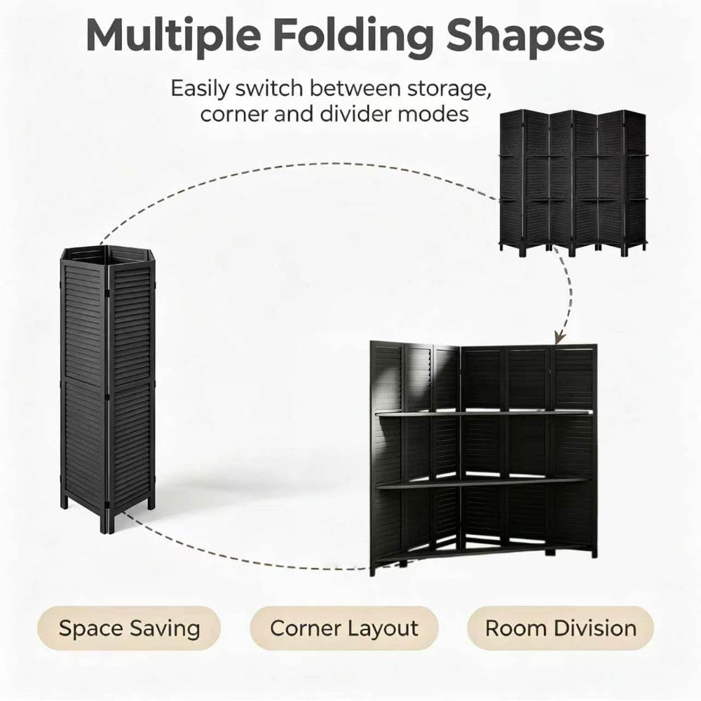 6 Panel Room Divider with Shelves,67" H Tall Folding Privacy Screen,Black