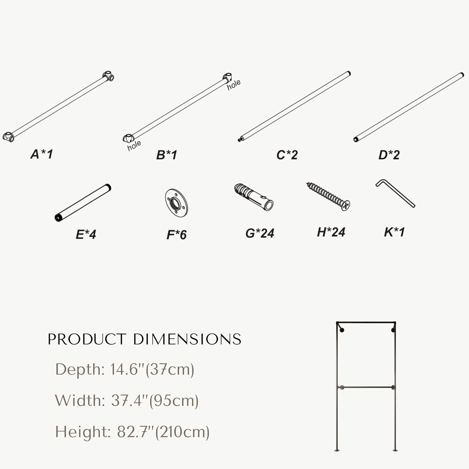 Industrial Pipe Clothing Rack, Heavy Duty Wall Mounted Clothes Rack,Retail Display Hanging Garment Rod for Laundry Room, Closet Storage - 14.6x37.4x82.7 Inches, Model K01