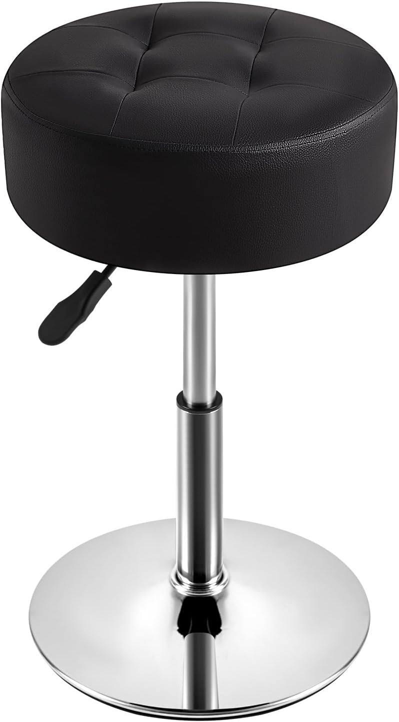 IBUYKE Height Adjustable 360°Swivel Vanity Stool Chair, Black WBD025B | Tufted Round Makeup Room Faux Leather Bathroom Living Room Modern Ottoman