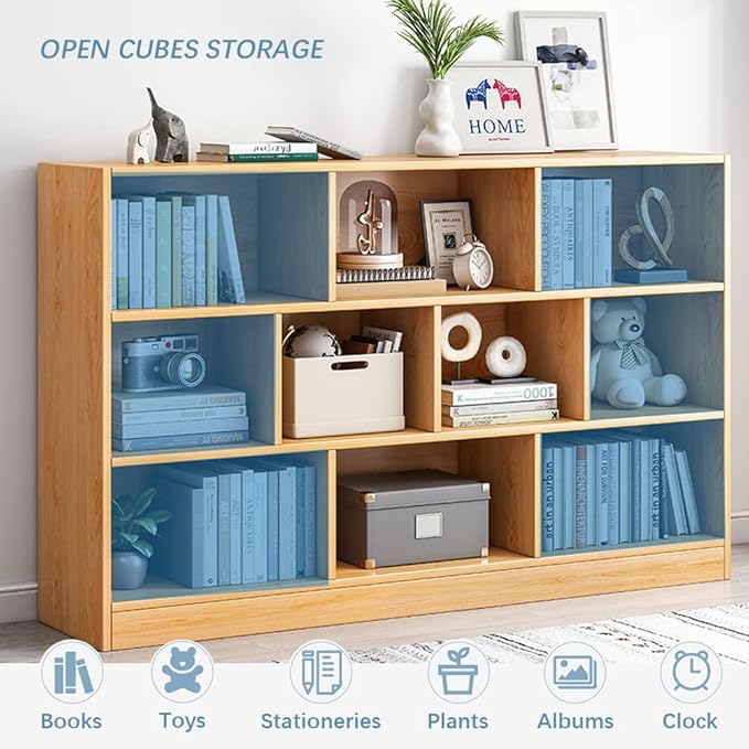 IOTXY Open Shelf Low Bookcase - Wooden 3-Tier Floor Standing Display Cabinet Organizer with Base, 10 Cubes Short Horizontal Bookshelf in Bright Blue