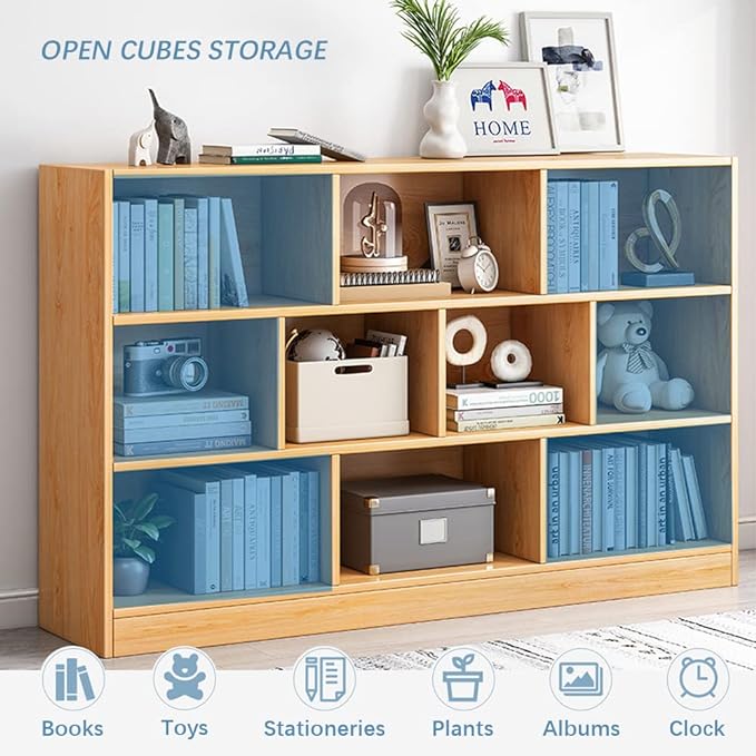 IOTXY Open Shelf Low Bookcase - Wooden 3-Tier Floor Standing Display Cabinet Organizer with Base, 7 Cubes Short Horizontal Bookshelf in Bright Blue
