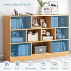 IOTXY Open Shelf Low Bookcase - Wooden 3-Tier Floor Standing Display Cabinet Organizer with Base, 7 Cubes Short Horizontal Bookshelf in Bright Blue