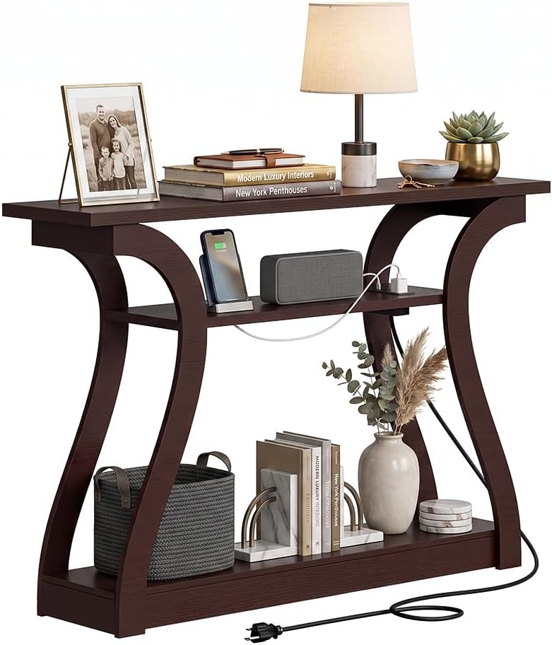 ZenStyle Wood Console Table with with Charging Station, 3 Tier Modern Accent Sofa Table for Entryway, Living Room, Hallway, 53 in Wide, Easy Assembly
