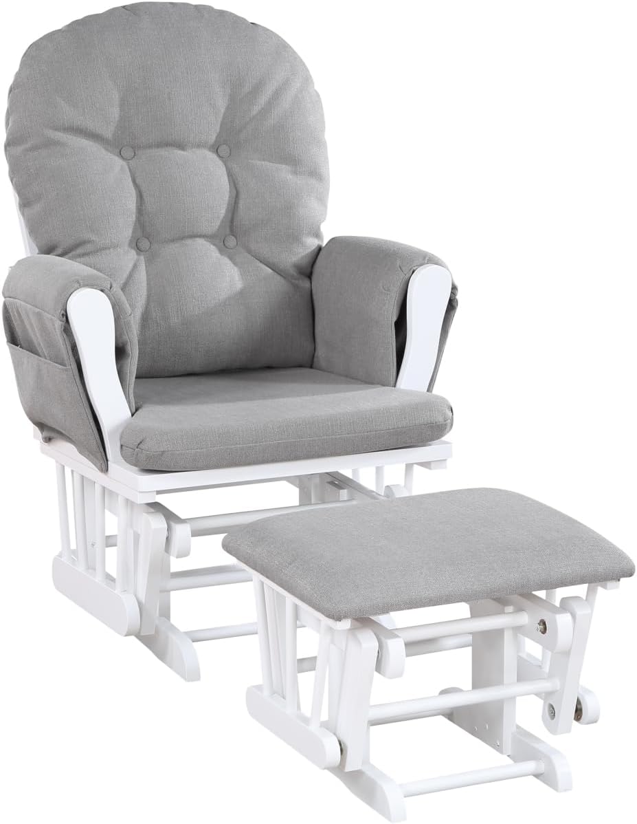 Glider and Ottoman White Wood and Oyster Fabric