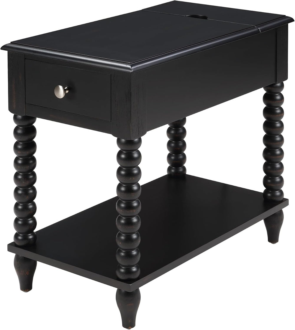 Solid Wood End Table with Charging Station & Drawer Shelf - Handcrafted S...