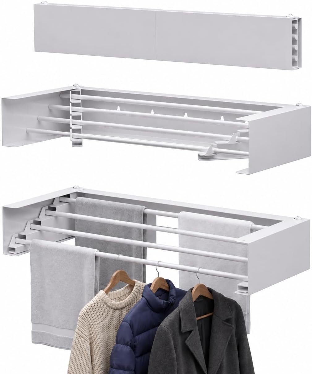 Wall Mounted Drying Rack, 23.6" Retractable Clothes Drying Rack, Heavy Duty 60LB Capacity with 4 Stainless Steel Rods, Foldable Laundry Rack for Indoor Laundry Room, Balcony & Bathroom