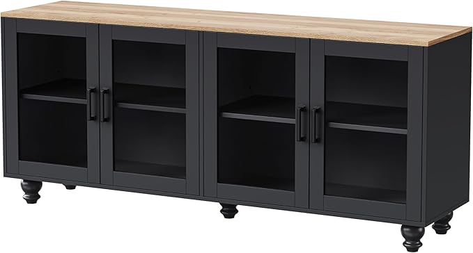 Ball & Cast Farmhouse TV Stand with Tempered Glass Doors for TVs up to 70",Sideboard Buffet w/5 Solid Wood Gourd-Shaped Legs & Adjustable Shelf,Entertainment Center for Living Room,Black+Natural