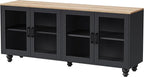 Ball & Cast Farmhouse TV Stand with Tempered Glass Doors for TVs up to 70",Sideboard Buffet w/5 Solid Wood Gourd-Shaped Legs & Adjustable Shelf,Entertainment Center for Living Room,Black+Natural