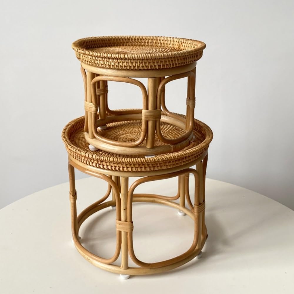 Bohemian Rattan Side Table, Round Wicker Accent Table, Small Bamboo End Table...
