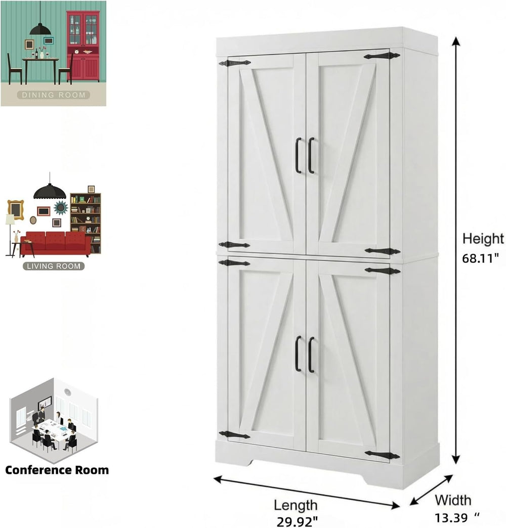 Homy Casa Farmhouse Kitchen Pantry Storage Cabinet, White Barn Door, 4-Door a...