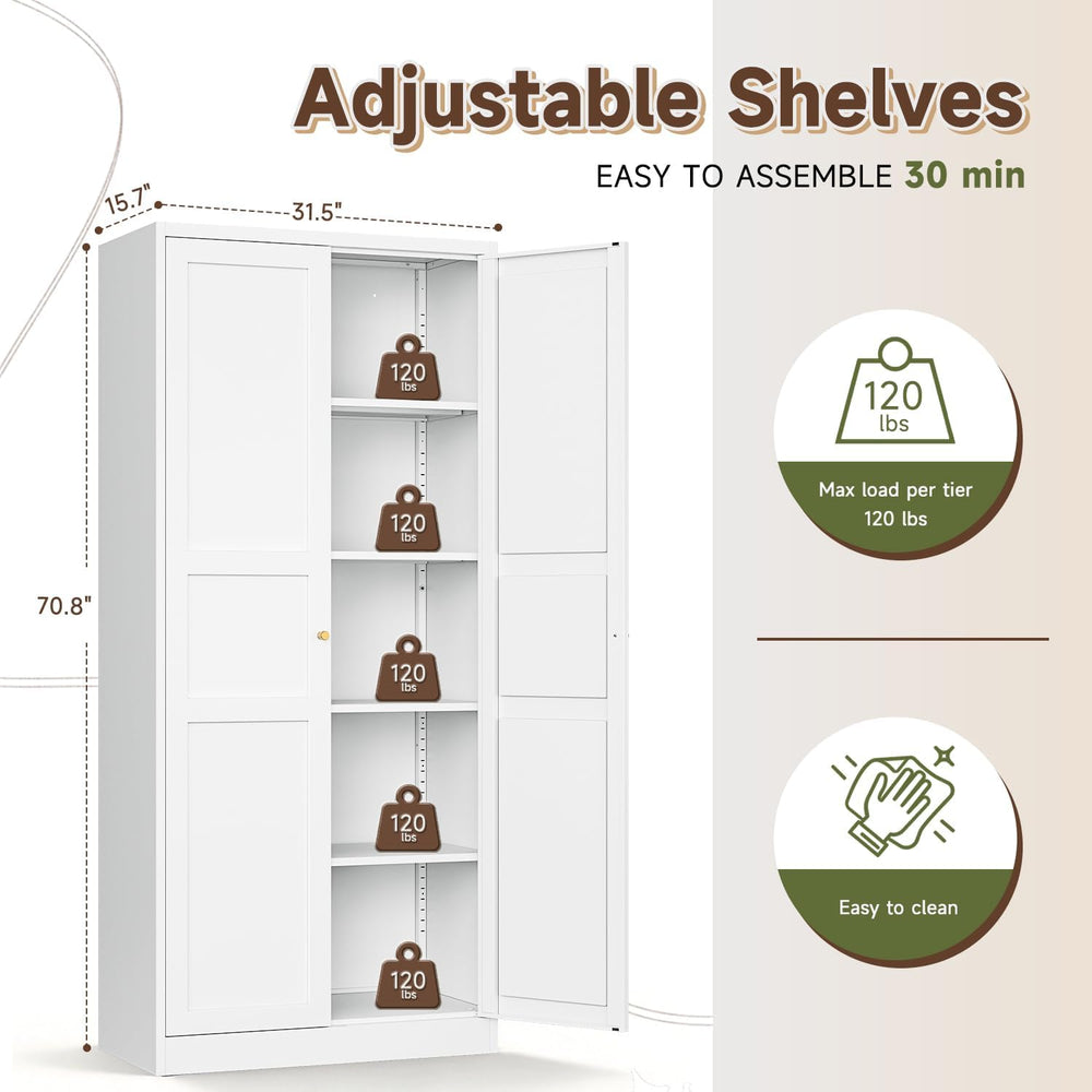 Letaya White Storage Cabinet with Adjustable Shelves-Metal Home Kitchen Pantr...