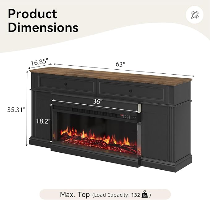 63" Farmhouse TV Stand with Fireplace for TVs up to 70", Media Entertainment Center with Adjustable Shelves, Farmhouse TV Console for Living Room, Black & Black