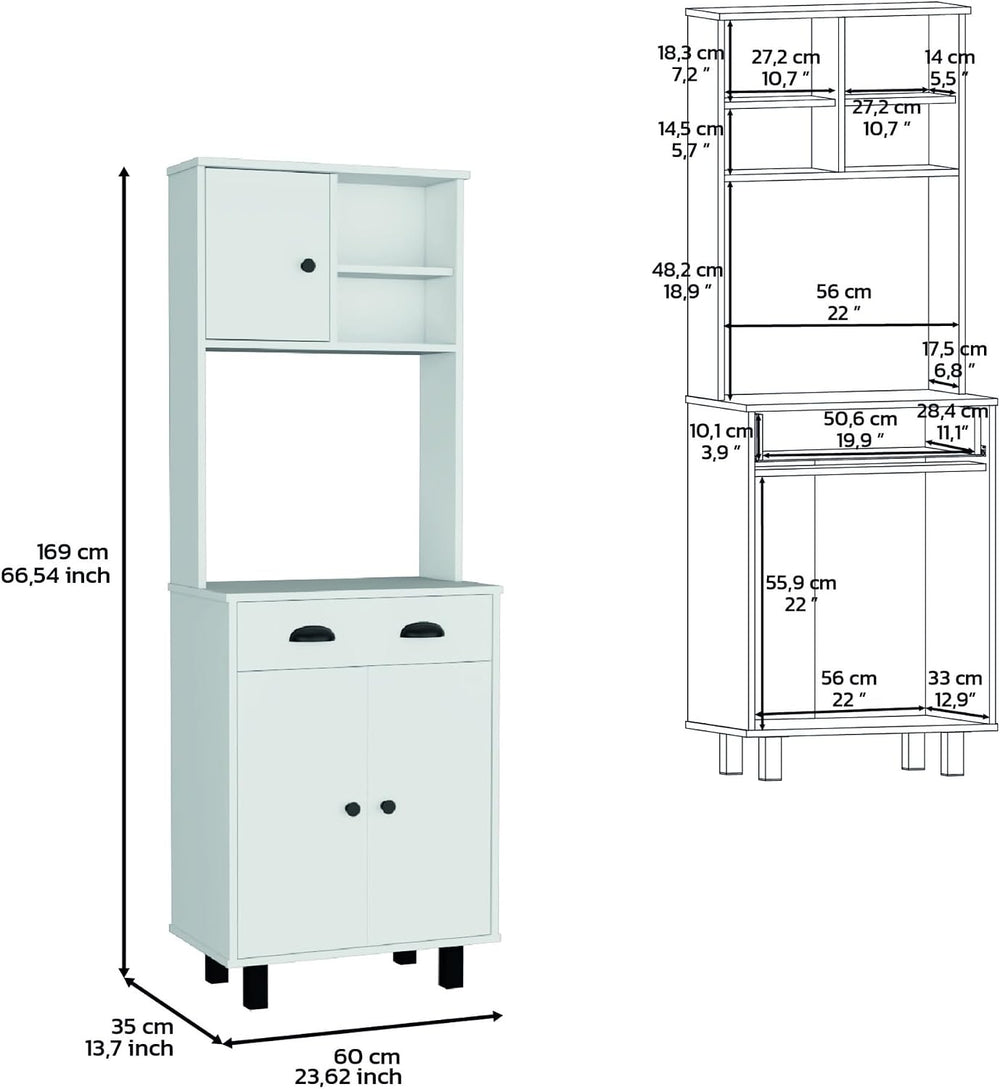 67" H with 5-Tier Storage Shelves and 2 Doors, White,for Kitchen
