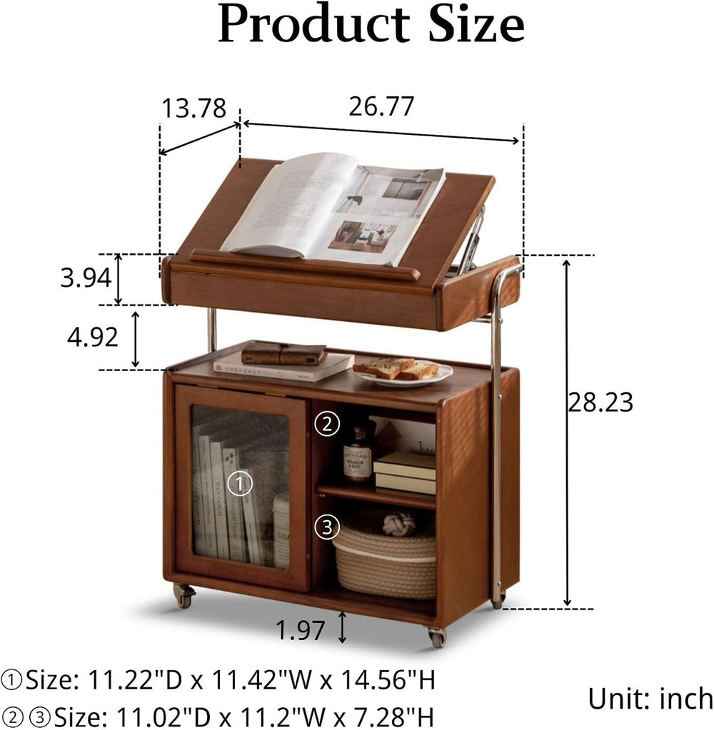 Solid Wood Storage Cabinet with Wheels, Lift Side Table with Adjustable Angle...