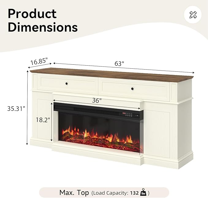 63" Farmhouse TV Stand with Fireplace for TVs up to 70", Media Entertainment Center with Adjustable Shelves, Farmhouse TV Console for Living Room, White & Black