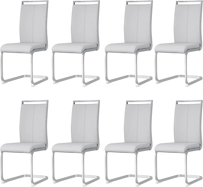 AZmac Modern Leather Dining Chairs Set of 8,Armless Kitchen Chairs,Dining Room Chairs with Upholstered Padded Seat and Sturdy Chrome Legs for Dining Room,Kitchen (Set of 8, Warm Grey)
