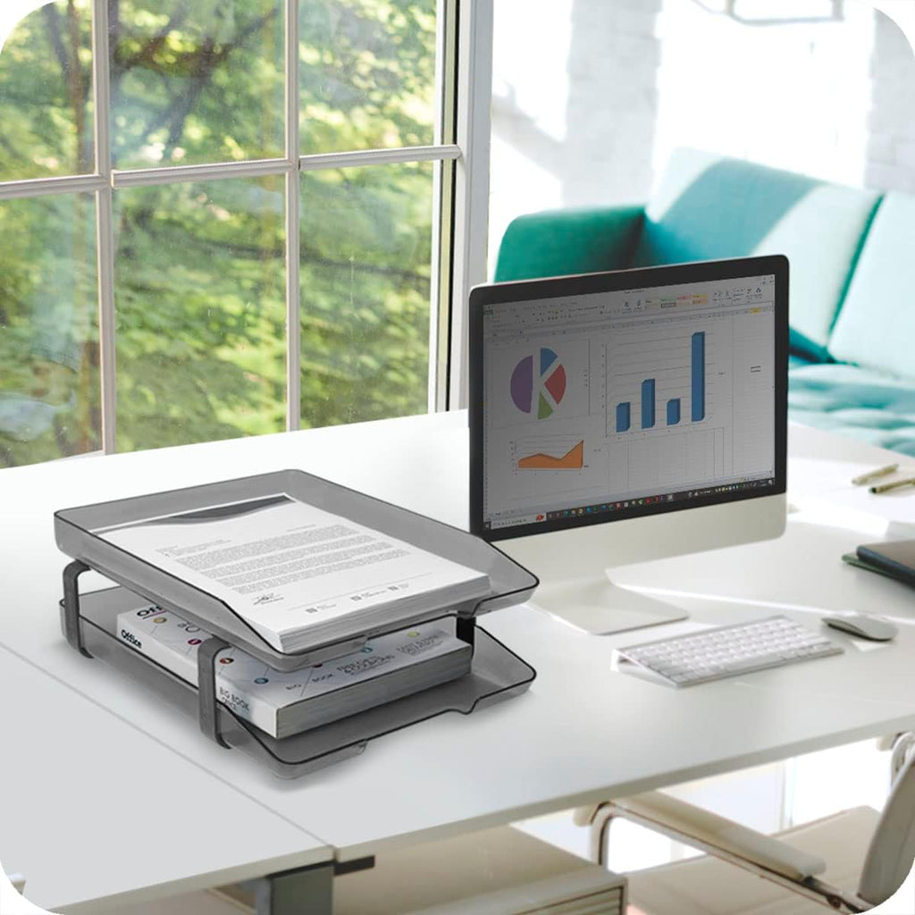 Acrimet Traditional 2 Tier Letter Tray, Front Load Design, A4 Letter Size, Desktop Organizer (Plastic) (Smoke Color)
