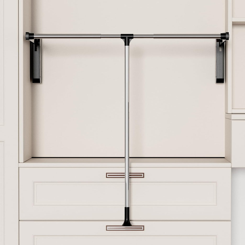 Pull Down Closet Rod, 33 lbs Load Capacity Stainless Steel Clothes Hanging Rod, Adjustable 33-45 Inch Soft-Close Wardrobe Lift Rail Organizer for Bedroom Laundry Room