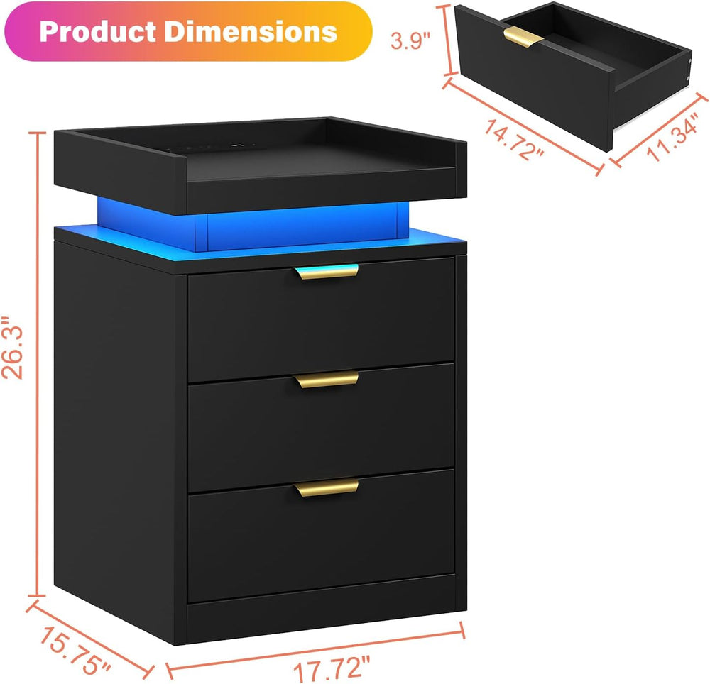 knoworld LED Nightstand with Charging Station & USB Ports, 3-Drawer Bedsi...