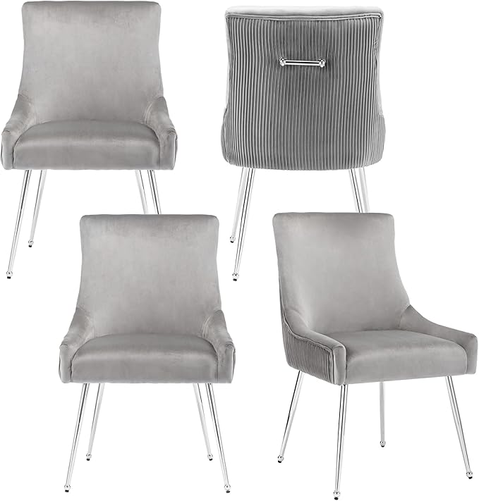 Velvet Dining Chairs Set of 4 with Silver Metal Legs, Modern Upholstered Kitchen Chair with Pull Handle & Pleated Back, Mid Century Accent Chair for Vanity,Dining,Kitchen,Living Room, Grey