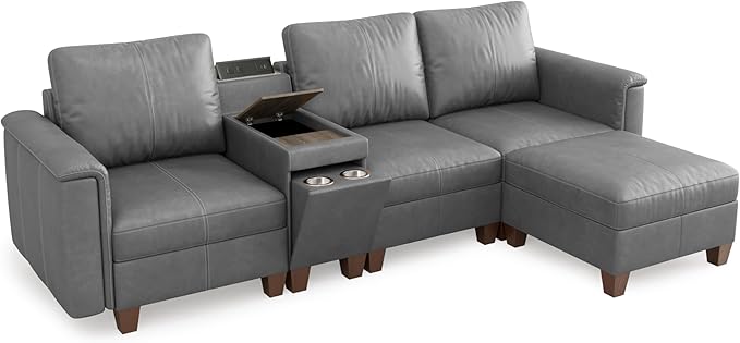 SITJOY 105" Faux Leather Modular Sectional Sofa with Storage, Mid Century Modern Sectional Couches for Living Room, 4 Seat L Shaped Couch with Chaise and Console Table, Hidden Cupholders, Gray