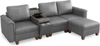 SITJOY 105" Faux Leather Modular Sectional Sofa with Storage, Mid Century Modern Sectional Couches for Living Room, 4 Seat L Shaped Couch with Chaise and Console Table, Hidden Cupholders, Gray