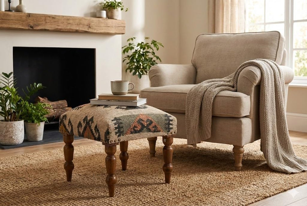 Handmade Jute Upholstered Ottoman Stool | Square Foot Rest with Wooden Legs |...