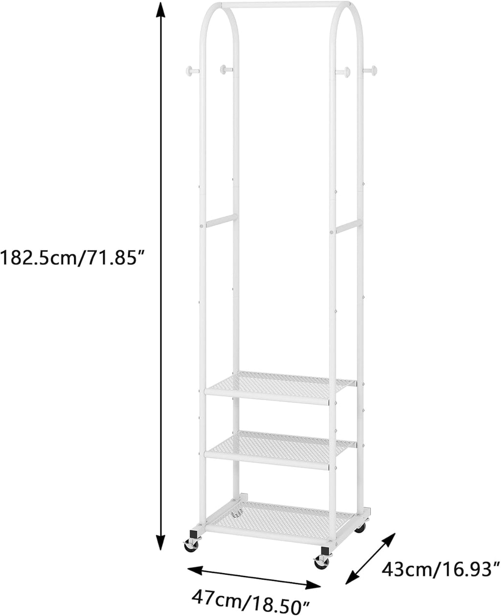 Heavy Duty Clothing Rack with Wheels,Modern Garment Rack with 3 Metal Shelves, 71.8Inches Display Rack for Hanging Clothes, Hanging Rod for Small Spaces,White