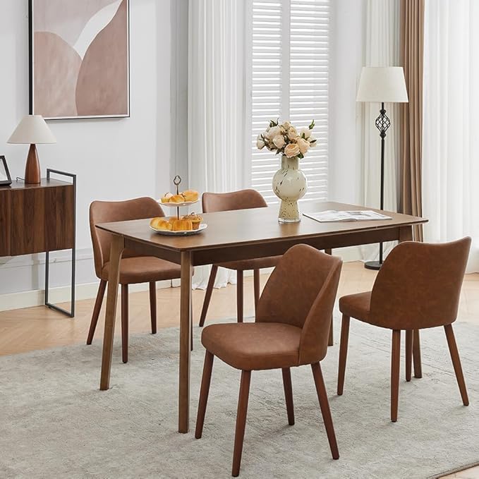 Dining Chair Set of 4, Leather Upholstered Dining Chair with Wood Legs, Wing Backrest, Wooden Kitchen Chair, Kitchen Chairs with Thick Cushions for Dining Room, Living Room, Brown
