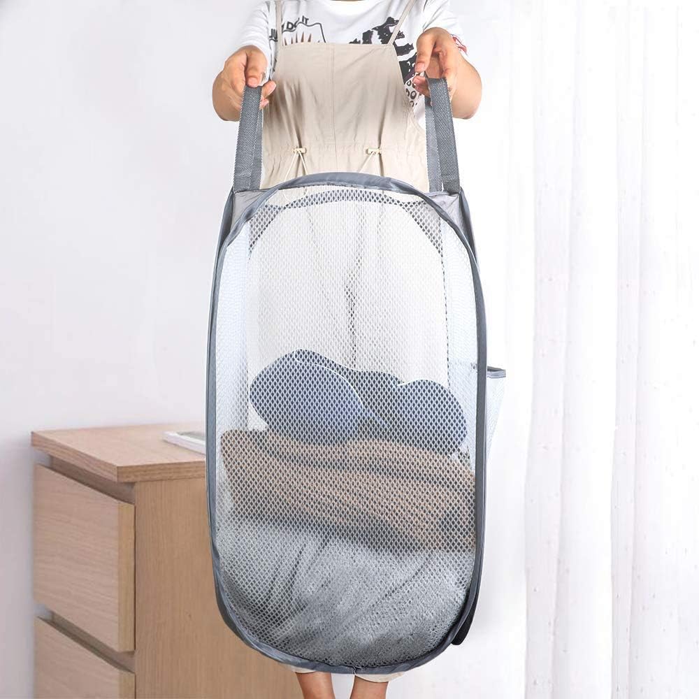 Larpur 2 Pcs Popup Mesh Laundry Baskets, Collapsible and Portable Clothes Washing Laundry Hampers with Reinforced Carry Handles, Gray Clothes Hamper for Home, Travel, College Dorm