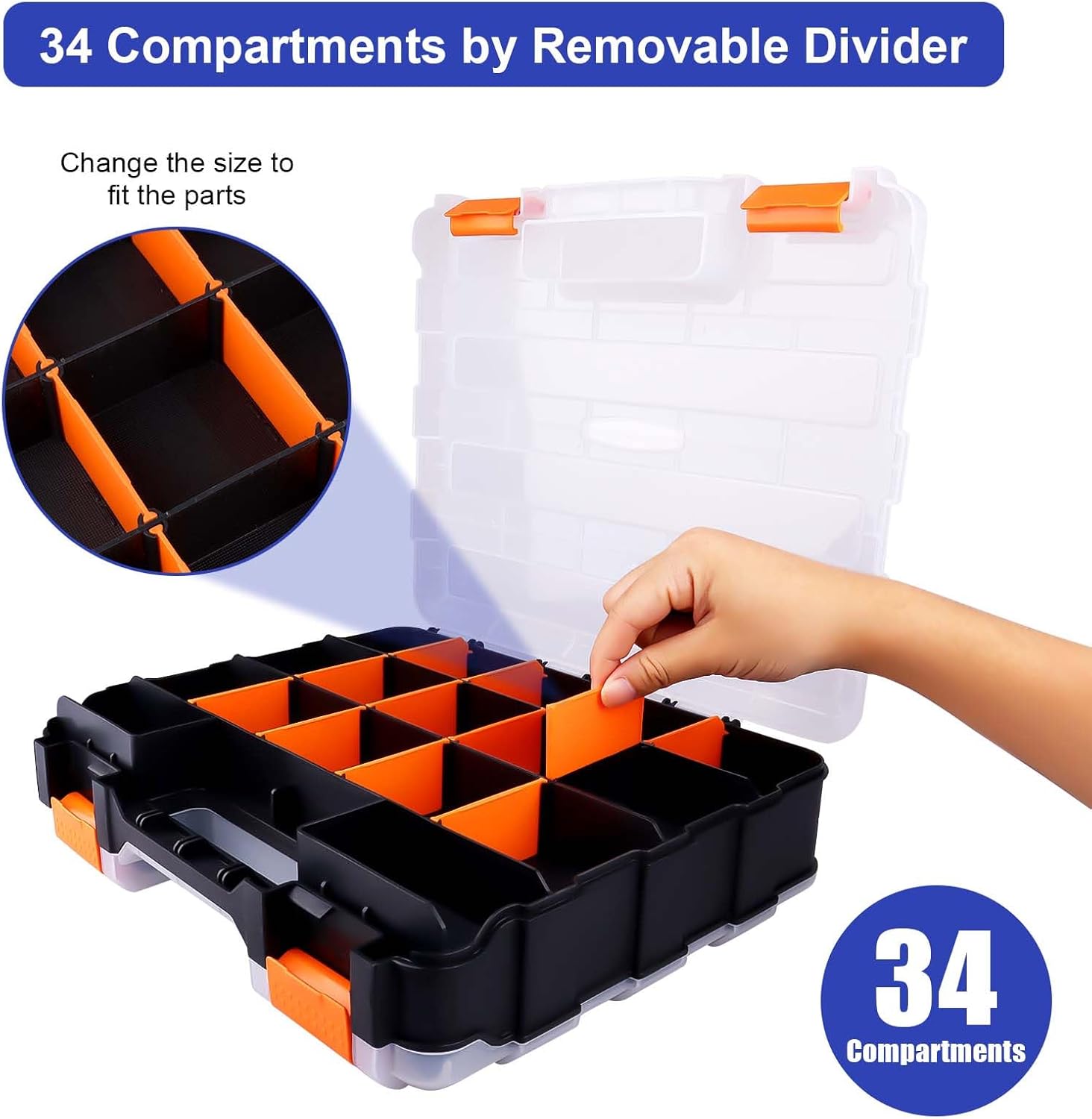 Small Parts Organizer Double Sided Parts Organizer with Removable Dividers 34-Compartments Storage Bins for Hardware, Screws, Nuts, Bolts, Washers, Nails, Fasteners, Tools