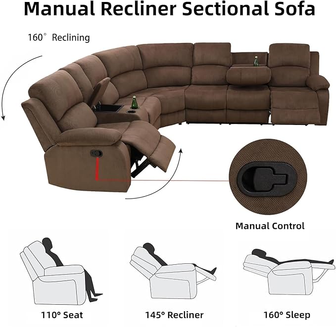 Manual Recliner Sectional Sofa Set, Fabric L-Shaped Living Room Furniture Sets, Reclining Sectional Corner Couch and 2 Reclining Chairs Set for Home Office (Brown, Sectional + 2 Chairs)