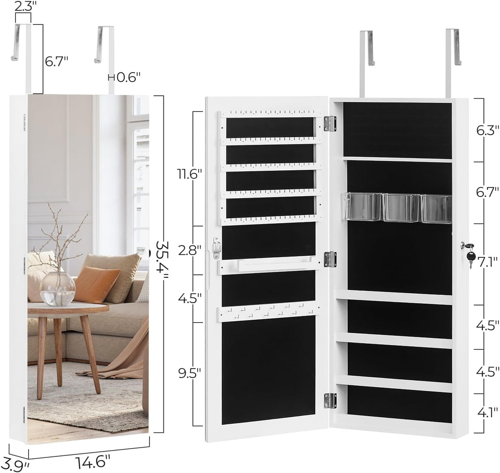 Jewelry Armoire Cabinet with Full Length Mirror,Mirror with Jewelry Storage Wall/Door Mounted, Lockable Jewelry Armoire Organizer,White