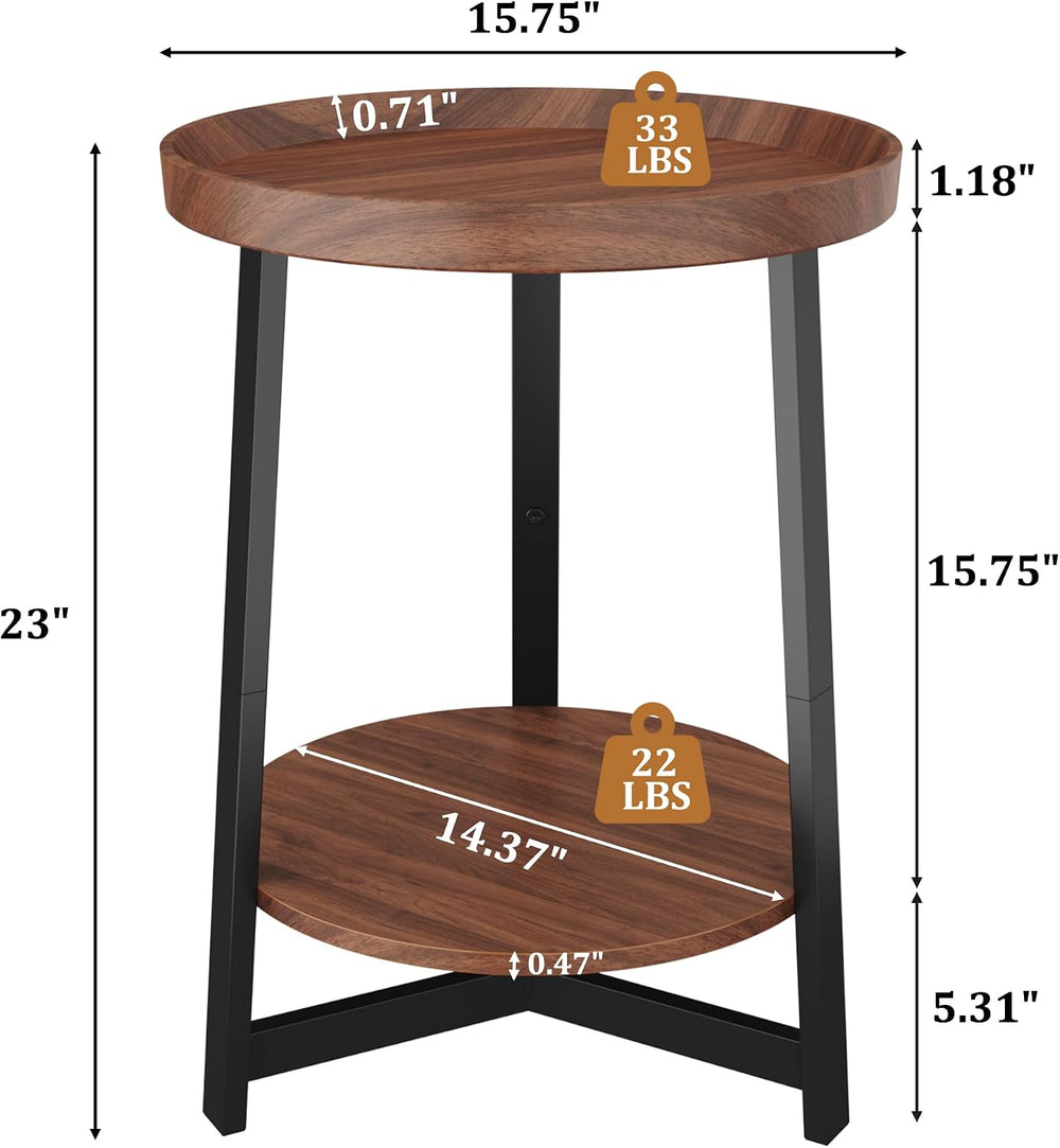 Industrial 2 Tier Round Side Table with Storage Shelf,Accent Tray End Table w...