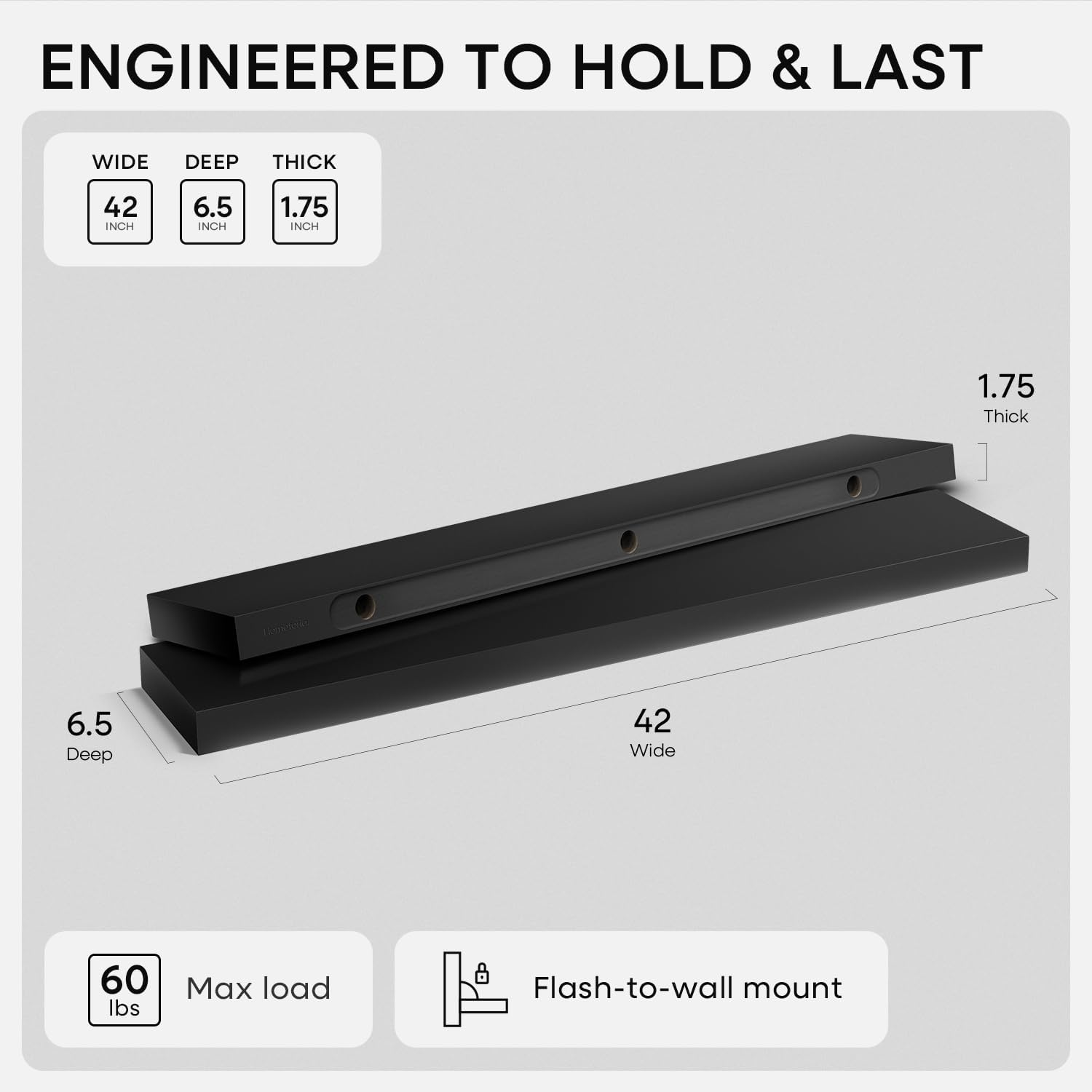 Homeforia Floating Black Shelf 42 inch, High End Solid Real Wood 42 inches Long Floating Shelves for Wall, Black Wooden 42inch Large Floating Shelves, Heavy Duty Bracket, 42 X 6.5 X 1.75 in, Set of 3