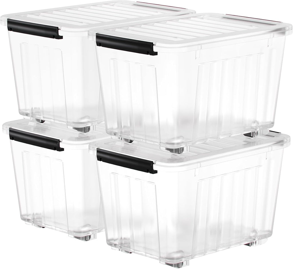 Nazhura 72 Quart Plastic Storage Bin, Stackable and Nestable Storage Boxes with Clear Lids and Secure Latching Buckles, Large Storage Container (Clear, 72Quart-4Pack)