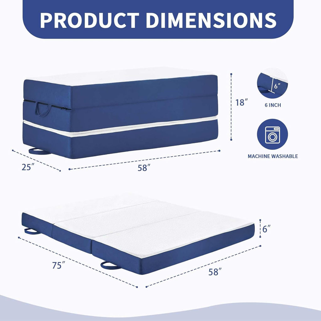 CYMULA Folding Mattress Queen Size, Memory Foam 6 inch Tri Portable Trifold Mattress Futon Topper Queen with Breathable & Washable Cover, Murphy Bed Guest Bed,58"x75"x6"