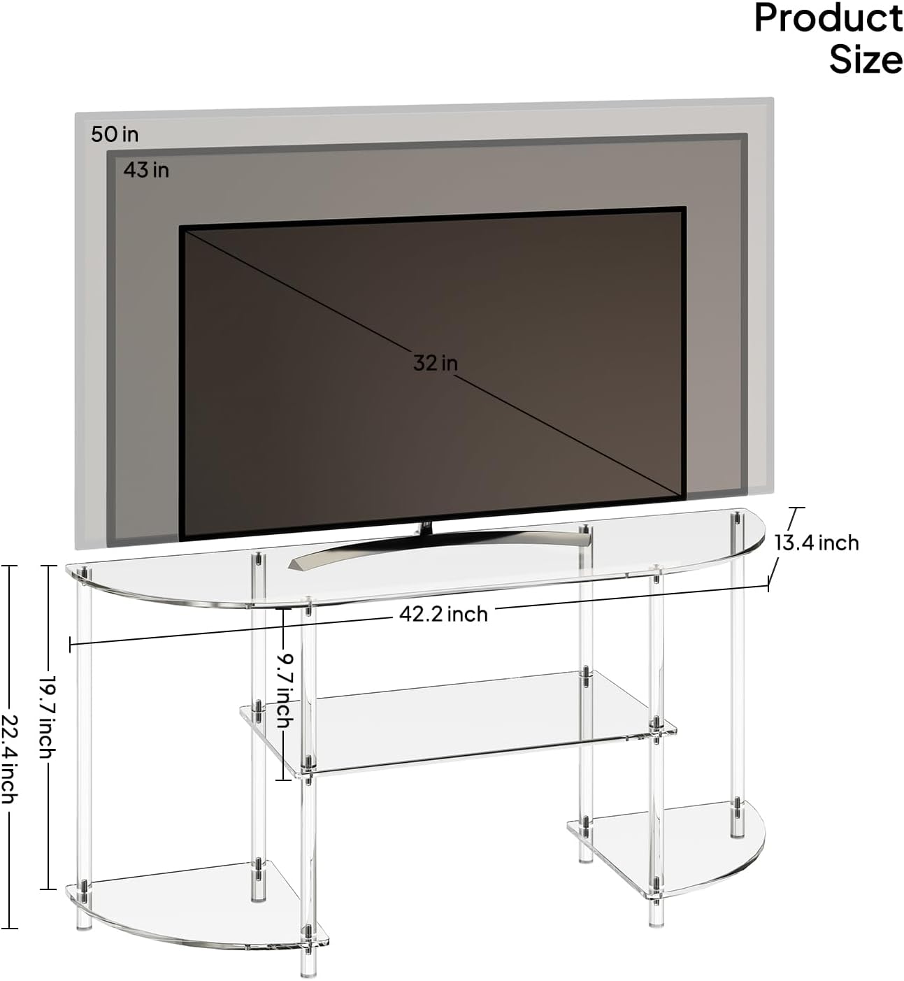 Eglaf Acrylic Modern TV Stand, 3-Tier Semi-Circular TV Console Table | Corner TV Stand, Entertainment Center with Open Shelves, TVs up to 50 Inch, 47.2'' L x 13.4'' W x 22.4'' H, Clear