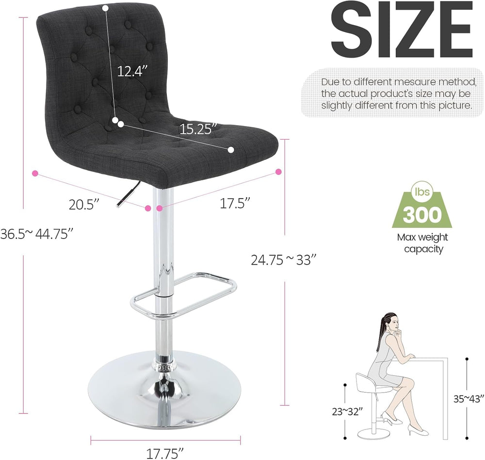 Brage Living Tufted Fabric Bar Stools Set of 2 with Back, Charcoal Black | Se...