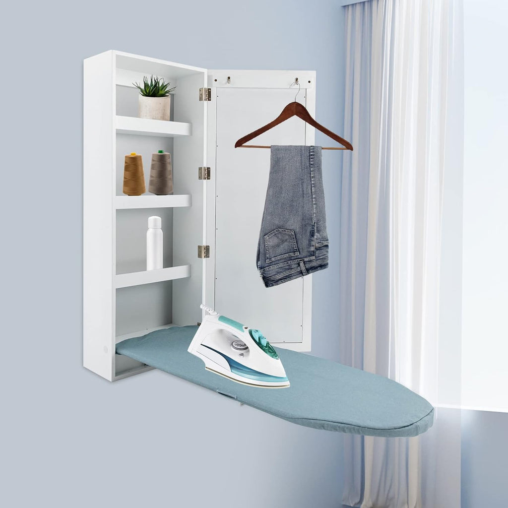 Wall Mounted Ironing Board Cabinet,Foldable Hanging Ironing Board with Mirror,Compact Mount Fold Down Iron Board for Small Spaces White