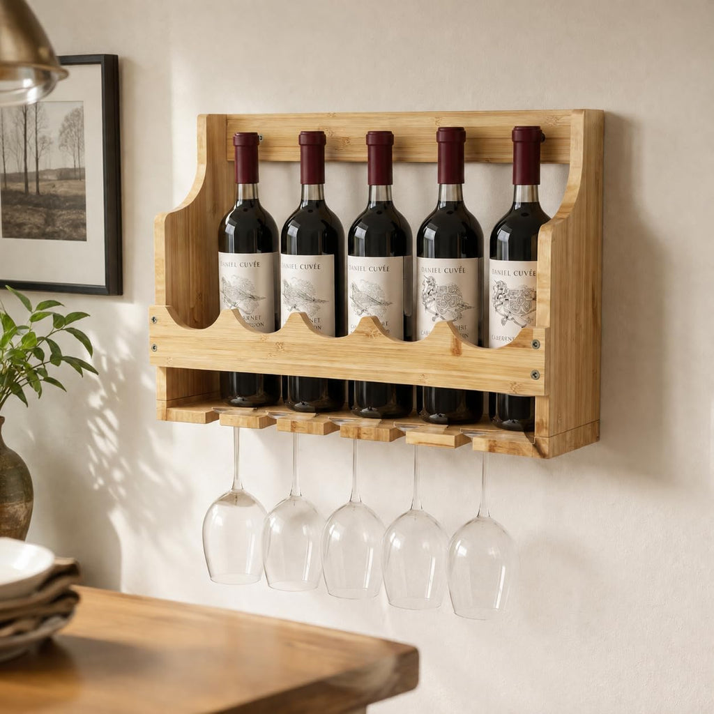 Wine Rack Wall Mounted, Adjustable Wine Rack with Wine Glass Holder, 5-Bottle Floating Shelves for Wall, Wall Hanging Wine Storage for Kitchen Bar Home Decor, Bamboo, Natural