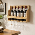 Wine Rack Wall Mounted, Adjustable Wine Rack with Wine Glass Holder, 5-Bottle Floating Shelves for Wall, Wall Hanging Wine Storage for Kitchen Bar Home Decor, Bamboo, Natural