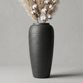 12.6" Large Matte Black Ceramic Vase, Modern Minimalist Centerpiece | Elegant matte black ribbed clay vase. Modern minimalist centerpiece, rustic farmhouse & boho decor for mantel and shelf.