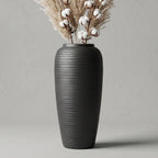 12.6" Large Matte Black Ceramic Vase, Modern Minimalist Centerpiece | Elegant matte black ribbed clay vase. Modern minimalist centerpiece, rustic farmhouse & boho decor for mantel and shelf.