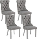 Velvet Dining Chairs Set of 4, Kitchen & Dining Room Chairs, Upholstered Dining Chairs with Back Ring Pull and Silver Solid Wood Legs, Modern Tufted Kitchen Chairs for Dining Room, Light Grey