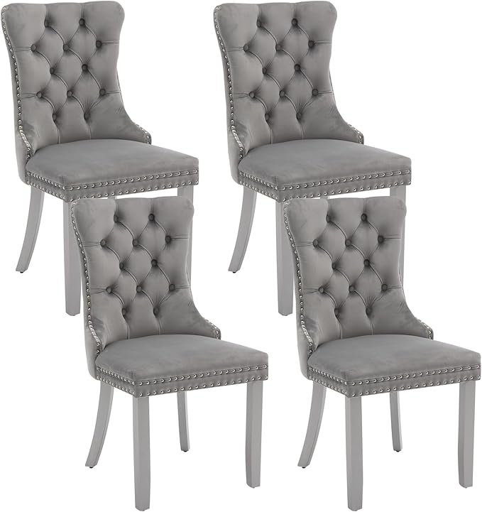 Velvet Dining Chairs Set of 4, Kitchen & Dining Room Chairs, Upholstered Dining Chairs with Back Ring Pull and Silver Solid Wood Legs, Modern Tufted Kitchen Chairs for Dining Room, Light Grey
