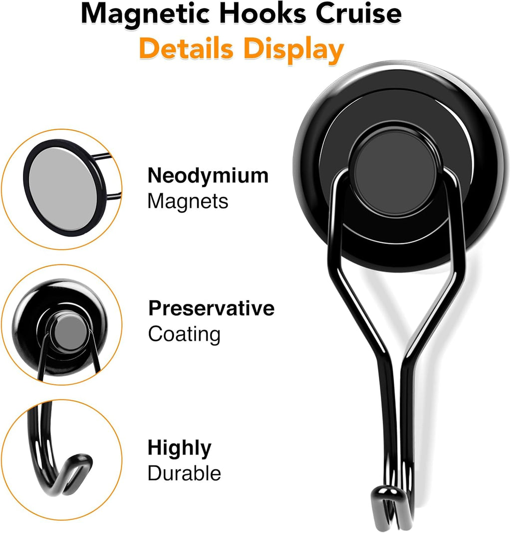 MIKEDE 120 LBS Black Magnetic Hooks, 6 Pack Swivel Swing Magnet Hooks Heavy Duty, Strong Neodymium Magnets Hanger for Hanging, Grill, Cruise Cabins - 32mm(1.26in) in Diameter