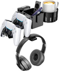 KDD 5 in 1 Desk Controller Holder - Rotating Headphone Hanger with Cup Holder - Clamp On Desk Organizer Holds Controller, Headphone, Cup, Mobile Phone and Pen(Black)