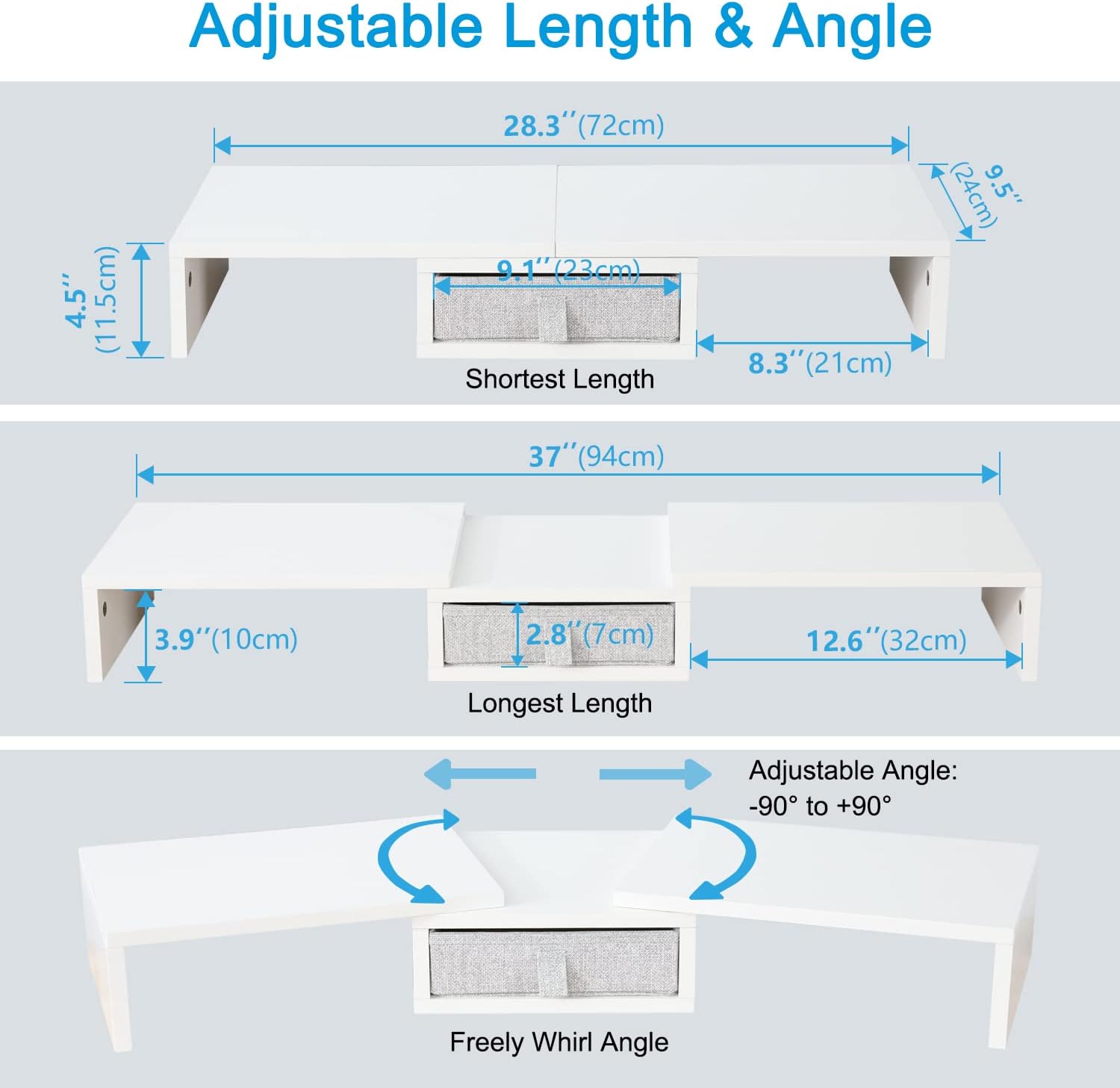 TEAMIX White Dual Monitor Stand Riser with Drawer - Length and Angle Adjustable Double Corner Desk Shelf Organizer 37 inch Long for 2 Laptop/PC/Screen/TV