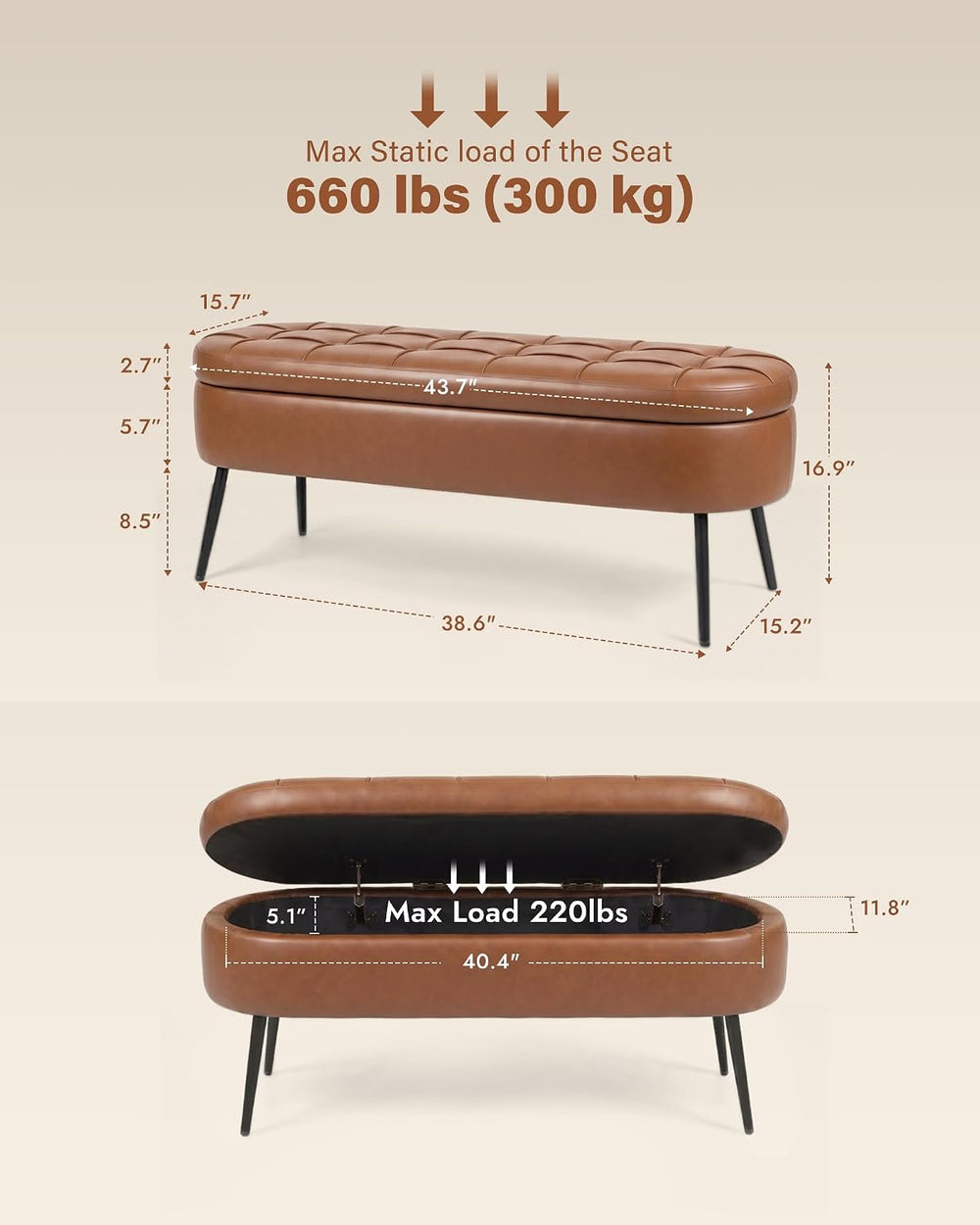 Storage Ottoman Bench, 43.7"PU Leather End of Bed Bench Walnut Brown | B...